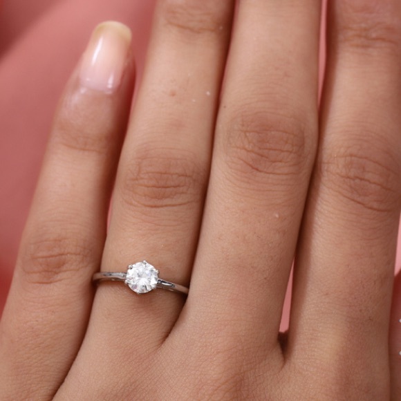 Moissanite VS EF Solitaire Ring in Platinum Over Sterling Silver - Picture 5 of 6